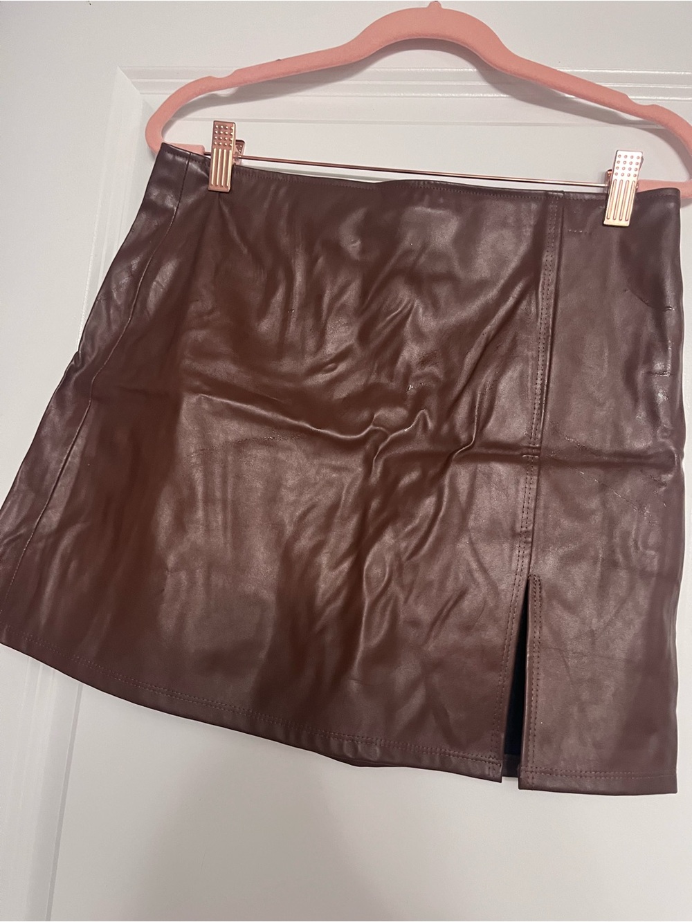 Kendall & Kylie Brown Faux Leather Mini Skirt with Front Slit